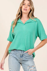 Ribbed Collared Neck Top BomBom KELLY GREEN S